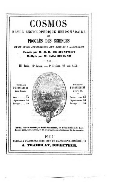 Le cosmos revue encyclopedique hebdomadaire des progres des sciences et de leurs applications aux arts et a l'industrie