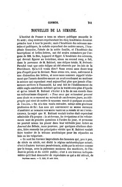 Le cosmos revue encyclopedique hebdomadaire des progres des sciences et de leurs applications aux arts et a l'industrie