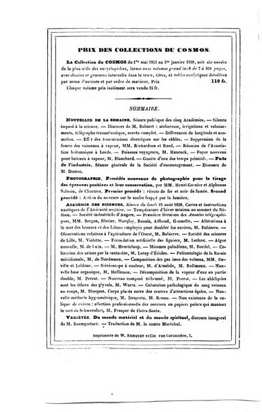 Le cosmos revue encyclopedique hebdomadaire des progres des sciences et de leurs applications aux arts et a l'industrie