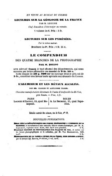 Le cosmos revue encyclopedique hebdomadaire des progres des sciences et de leurs applications aux arts et a l'industrie