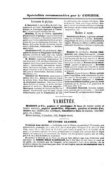 Le cosmos revue encyclopedique hebdomadaire des progres des sciences et de leurs applications aux arts et a l'industrie