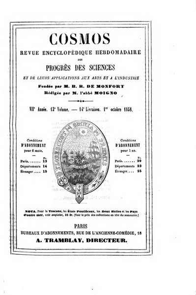 Le cosmos revue encyclopedique hebdomadaire des progres des sciences et de leurs applications aux arts et a l'industrie