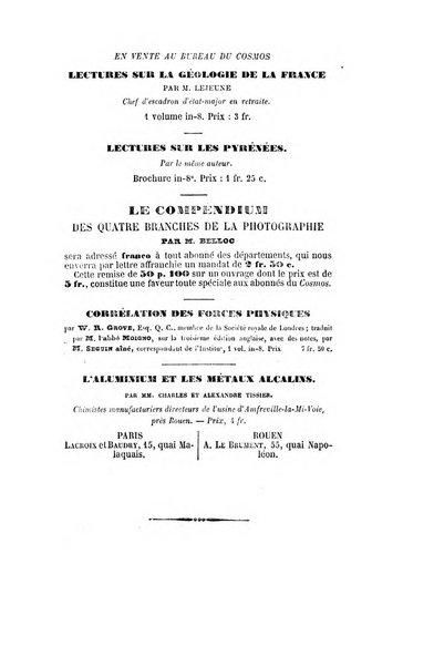 Le cosmos revue encyclopedique hebdomadaire des progres des sciences et de leurs applications aux arts et a l'industrie