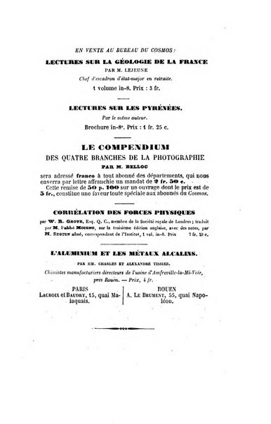 Le cosmos revue encyclopedique hebdomadaire des progres des sciences et de leurs applications aux arts et a l'industrie