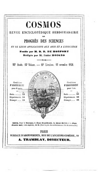 Le cosmos revue encyclopedique hebdomadaire des progres des sciences et de leurs applications aux arts et a l'industrie