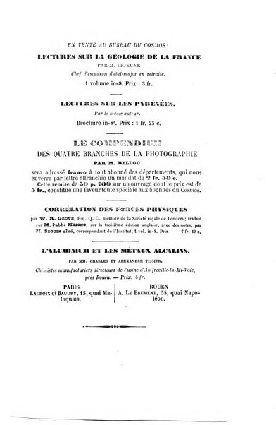 Le cosmos revue encyclopedique hebdomadaire des progres des sciences et de leurs applications aux arts et a l'industrie