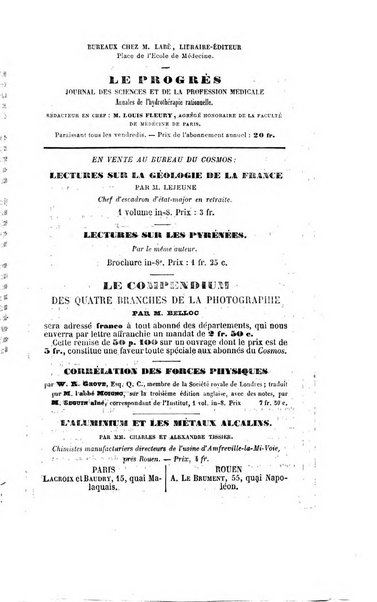 Le cosmos revue encyclopedique hebdomadaire des progres des sciences et de leurs applications aux arts et a l'industrie