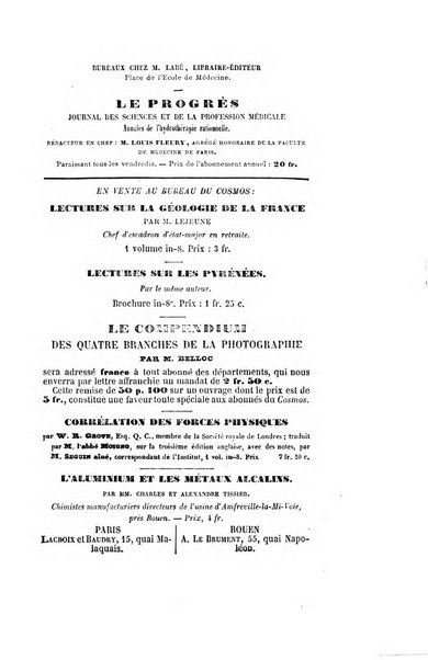 Le cosmos revue encyclopedique hebdomadaire des progres des sciences et de leurs applications aux arts et a l'industrie