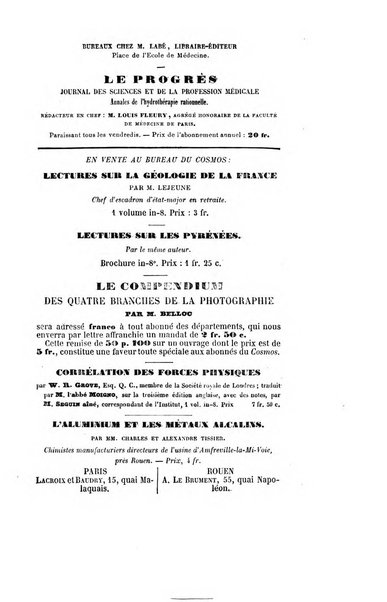 Le cosmos revue encyclopedique hebdomadaire des progres des sciences et de leurs applications aux arts et a l'industrie