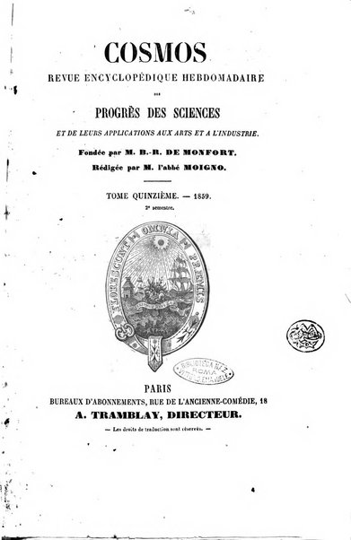 Le cosmos revue encyclopedique hebdomadaire des progres des sciences et de leurs applications aux arts et a l'industrie