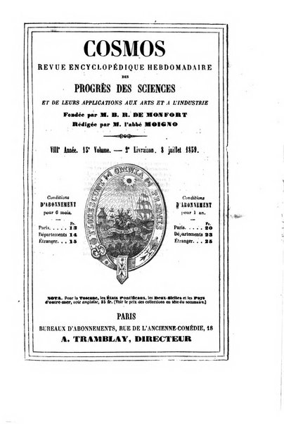 Le cosmos revue encyclopedique hebdomadaire des progres des sciences et de leurs applications aux arts et a l'industrie