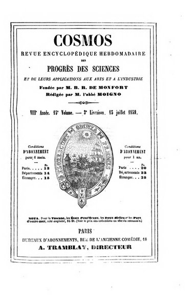 Le cosmos revue encyclopedique hebdomadaire des progres des sciences et de leurs applications aux arts et a l'industrie