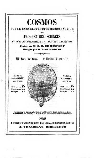 Le cosmos revue encyclopedique hebdomadaire des progres des sciences et de leurs applications aux arts et a l'industrie