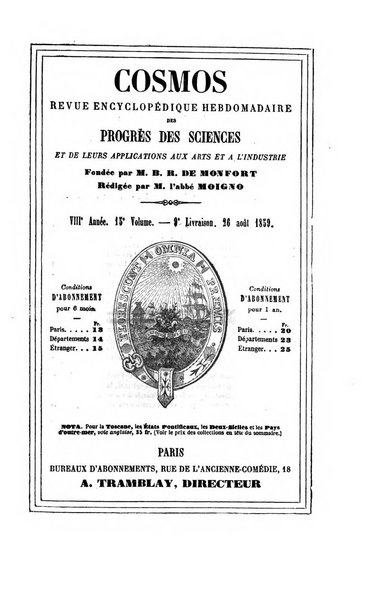 Le cosmos revue encyclopedique hebdomadaire des progres des sciences et de leurs applications aux arts et a l'industrie