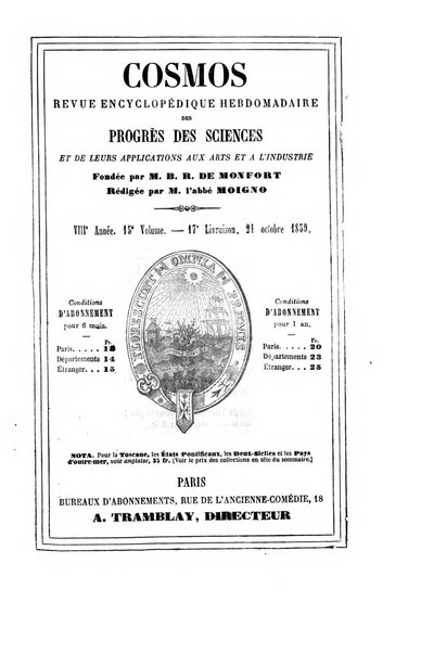 Le cosmos revue encyclopedique hebdomadaire des progres des sciences et de leurs applications aux arts et a l'industrie