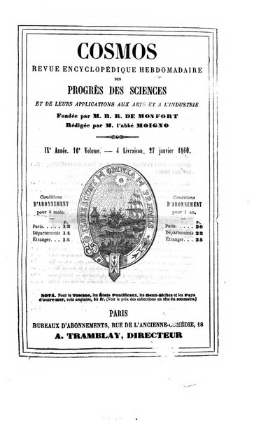 Le cosmos revue encyclopedique hebdomadaire des progres des sciences et de leurs applications aux arts et a l'industrie