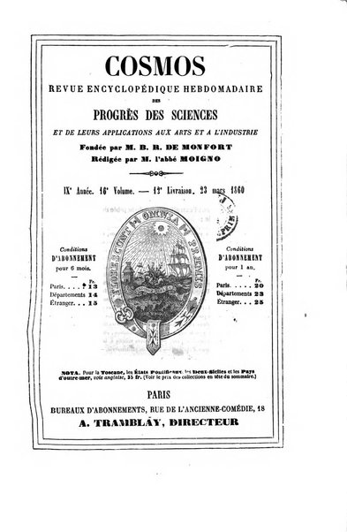 Le cosmos revue encyclopedique hebdomadaire des progres des sciences et de leurs applications aux arts et a l'industrie