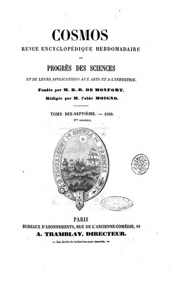 Le cosmos revue encyclopedique hebdomadaire des progres des sciences et de leurs applications aux arts et a l'industrie