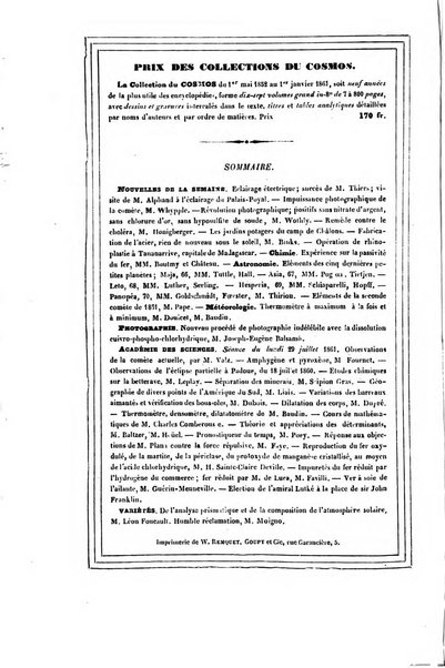 Le cosmos revue encyclopedique hebdomadaire des progres des sciences et de leurs applications aux arts et a l'industrie