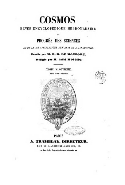 Le cosmos revue encyclopedique hebdomadaire des progres des sciences et de leurs applications aux arts et a l'industrie