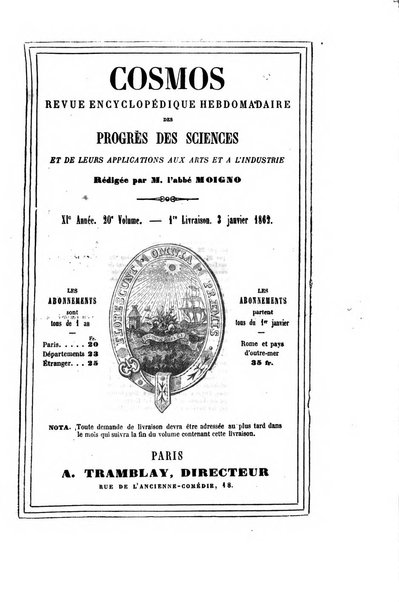 Le cosmos revue encyclopedique hebdomadaire des progres des sciences et de leurs applications aux arts et a l'industrie