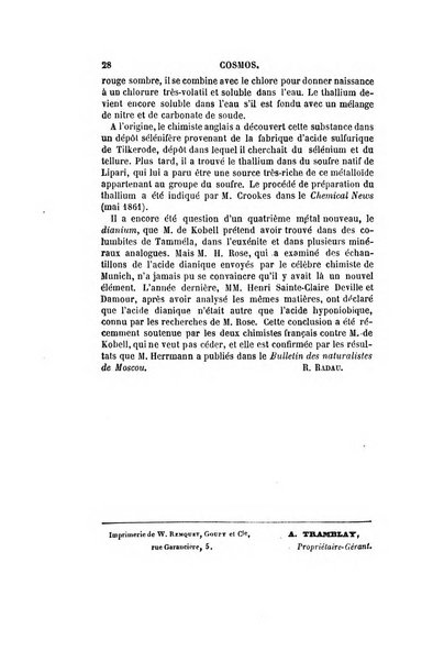 Le cosmos revue encyclopedique hebdomadaire des progres des sciences et de leurs applications aux arts et a l'industrie