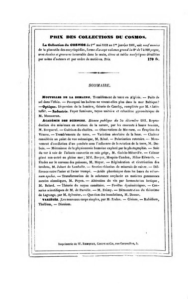 Le cosmos revue encyclopedique hebdomadaire des progres des sciences et de leurs applications aux arts et a l'industrie