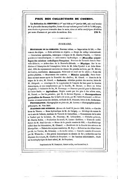 Le cosmos revue encyclopedique hebdomadaire des progres des sciences et de leurs applications aux arts et a l'industrie