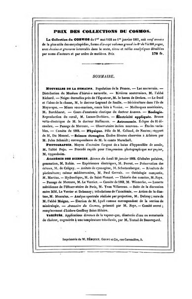 Le cosmos revue encyclopedique hebdomadaire des progres des sciences et de leurs applications aux arts et a l'industrie