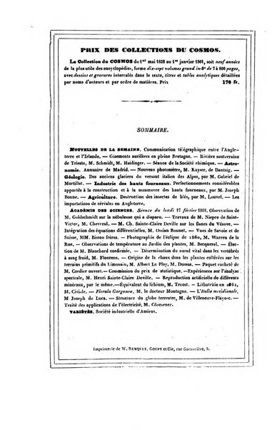 Le cosmos revue encyclopedique hebdomadaire des progres des sciences et de leurs applications aux arts et a l'industrie