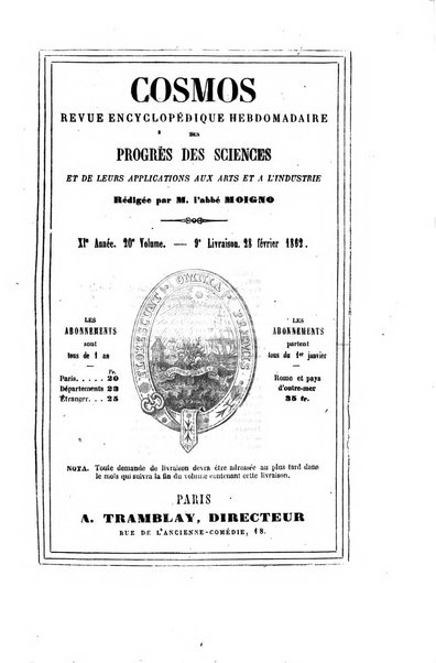 Le cosmos revue encyclopedique hebdomadaire des progres des sciences et de leurs applications aux arts et a l'industrie