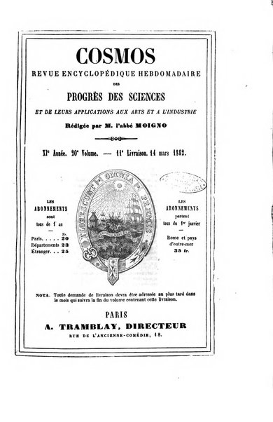 Le cosmos revue encyclopedique hebdomadaire des progres des sciences et de leurs applications aux arts et a l'industrie