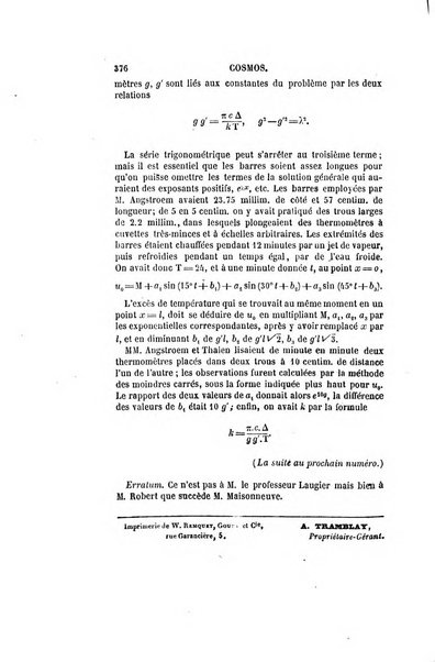 Le cosmos revue encyclopedique hebdomadaire des progres des sciences et de leurs applications aux arts et a l'industrie