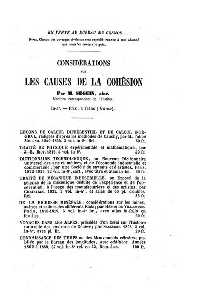 Le cosmos revue encyclopedique hebdomadaire des progres des sciences et de leurs applications aux arts et a l'industrie