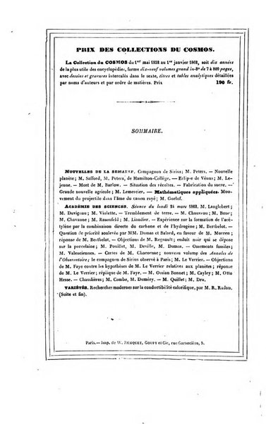 Le cosmos revue encyclopedique hebdomadaire des progres des sciences et de leurs applications aux arts et a l'industrie