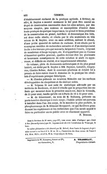 Le cosmos revue encyclopedique hebdomadaire des progres des sciences et de leurs applications aux arts et a l'industrie