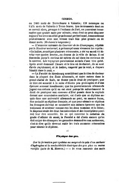 Le cosmos revue encyclopedique hebdomadaire des progres des sciences et de leurs applications aux arts et a l'industrie