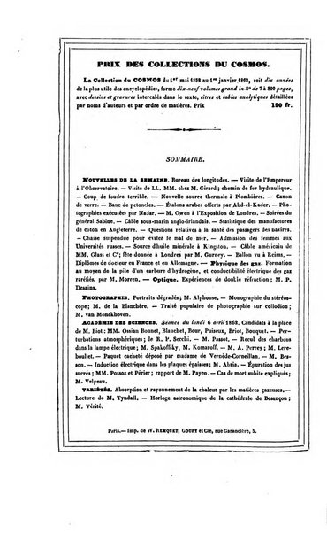 Le cosmos revue encyclopedique hebdomadaire des progres des sciences et de leurs applications aux arts et a l'industrie