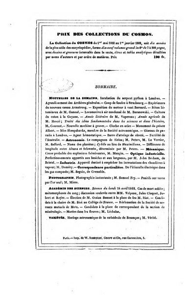 Le cosmos revue encyclopedique hebdomadaire des progres des sciences et de leurs applications aux arts et a l'industrie