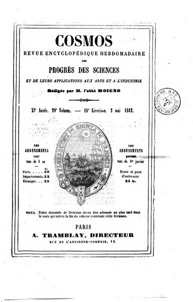 Le cosmos revue encyclopedique hebdomadaire des progres des sciences et de leurs applications aux arts et a l'industrie