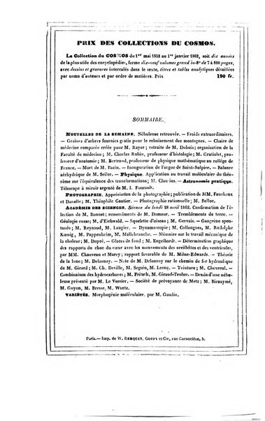 Le cosmos revue encyclopedique hebdomadaire des progres des sciences et de leurs applications aux arts et a l'industrie