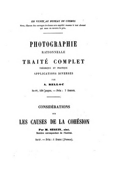 Le cosmos revue encyclopedique hebdomadaire des progres des sciences et de leurs applications aux arts et a l'industrie