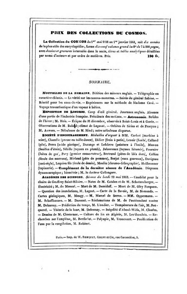 Le cosmos revue encyclopedique hebdomadaire des progres des sciences et de leurs applications aux arts et a l'industrie