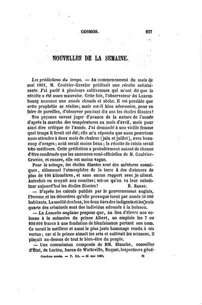 Le cosmos revue encyclopedique hebdomadaire des progres des sciences et de leurs applications aux arts et a l'industrie