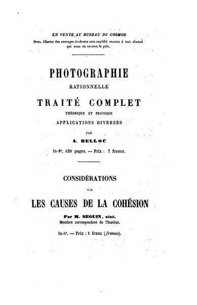 Le cosmos revue encyclopedique hebdomadaire des progres des sciences et de leurs applications aux arts et a l'industrie