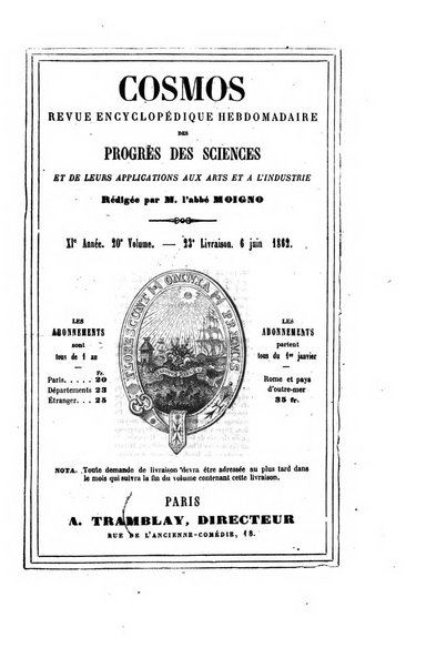 Le cosmos revue encyclopedique hebdomadaire des progres des sciences et de leurs applications aux arts et a l'industrie