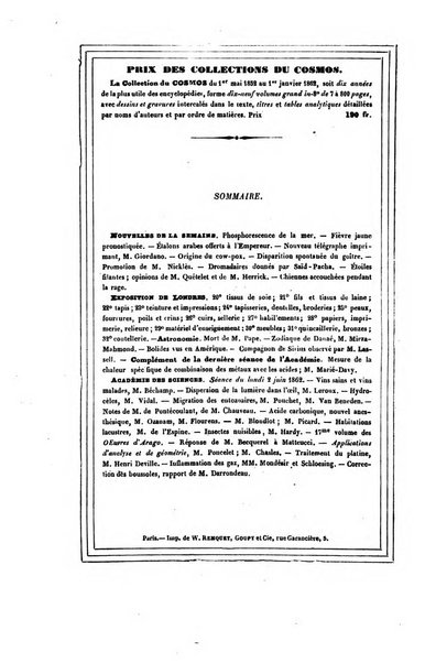 Le cosmos revue encyclopedique hebdomadaire des progres des sciences et de leurs applications aux arts et a l'industrie