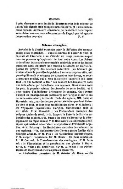 Le cosmos revue encyclopedique hebdomadaire des progres des sciences et de leurs applications aux arts et a l'industrie