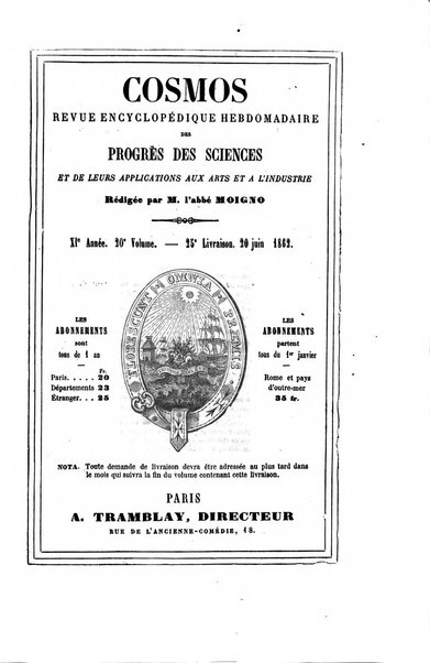 Le cosmos revue encyclopedique hebdomadaire des progres des sciences et de leurs applications aux arts et a l'industrie