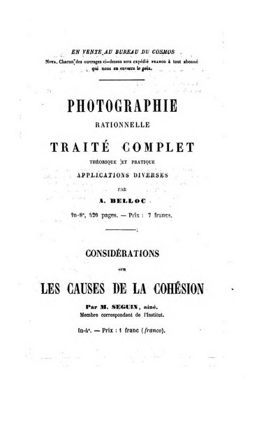 Le cosmos revue encyclopedique hebdomadaire des progres des sciences et de leurs applications aux arts et a l'industrie